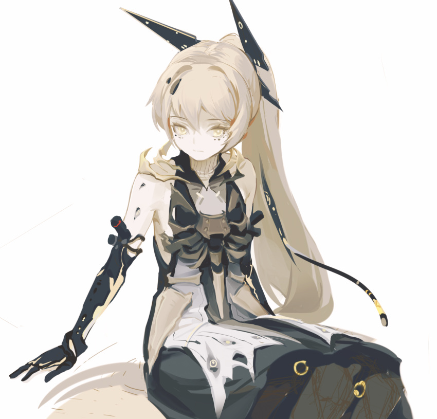 1girl, baimanchuan, black_dress, chinese_commentary, commentary, dress, grey_eyes, grey_hair, hair_ornament, highres, long_hair, mechanical_arms, mechanical_parts, nanami:_pulse_(punishing:_gray_raven), nanami_(punishing:_gray_raven), ponytail, punishing:_gray_raven, sidelocks, solo, very_long_hair, white_background