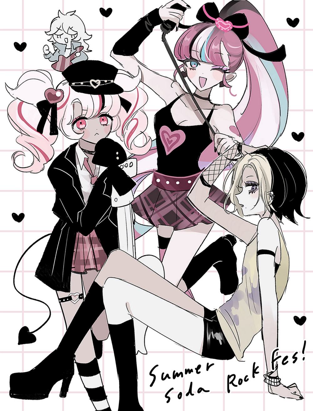 1boy, 3girls, black_lemonade_cookie, blonde_hair, cookie_run, heart, high_ponytail, highres