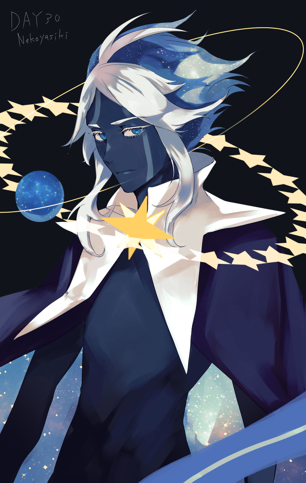 1boy, artist_name, blue_eyes, blue_fire, blue_hair, blue_skin, capelet, colored_skin, cookie_run, fire, highres, humanization, looking_at_viewer, multicolored_hair, nekoyasiki33, personification, planet, short_hair, solo, space, star_(symbol), stardust_cookie, two-tone_hair, white_capelet, white_hair