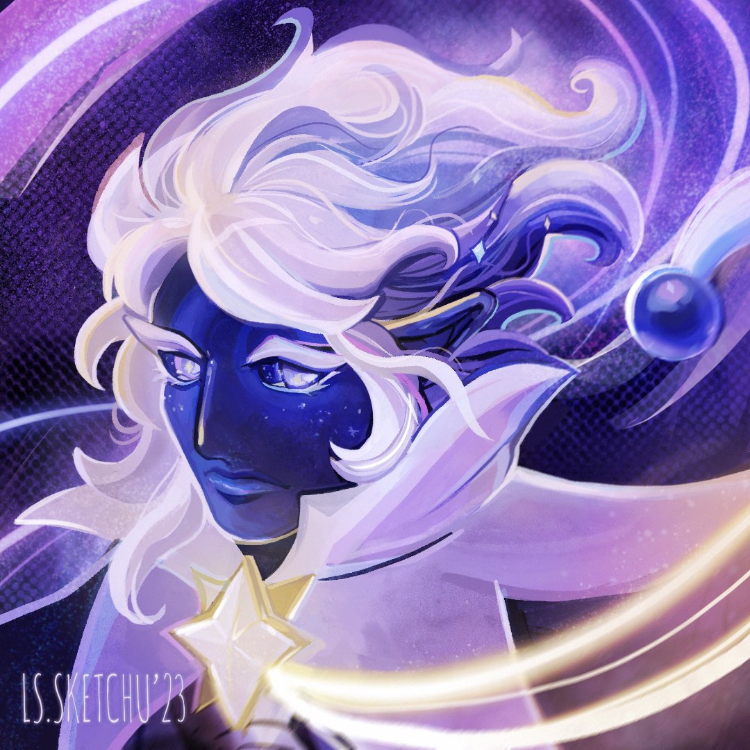 1boy, artist_name, blue_eyes, blue_fire, blue_hair, blue_skin, capelet, colored_skin, cookie_run, fire, humanization, looking_at_viewer, ls_sketchu, multicolored_hair, personification, short_hair, solo, space, star_(symbol), stardust_cookie, two-tone_hair, upper_body, white_capelet, white_hair