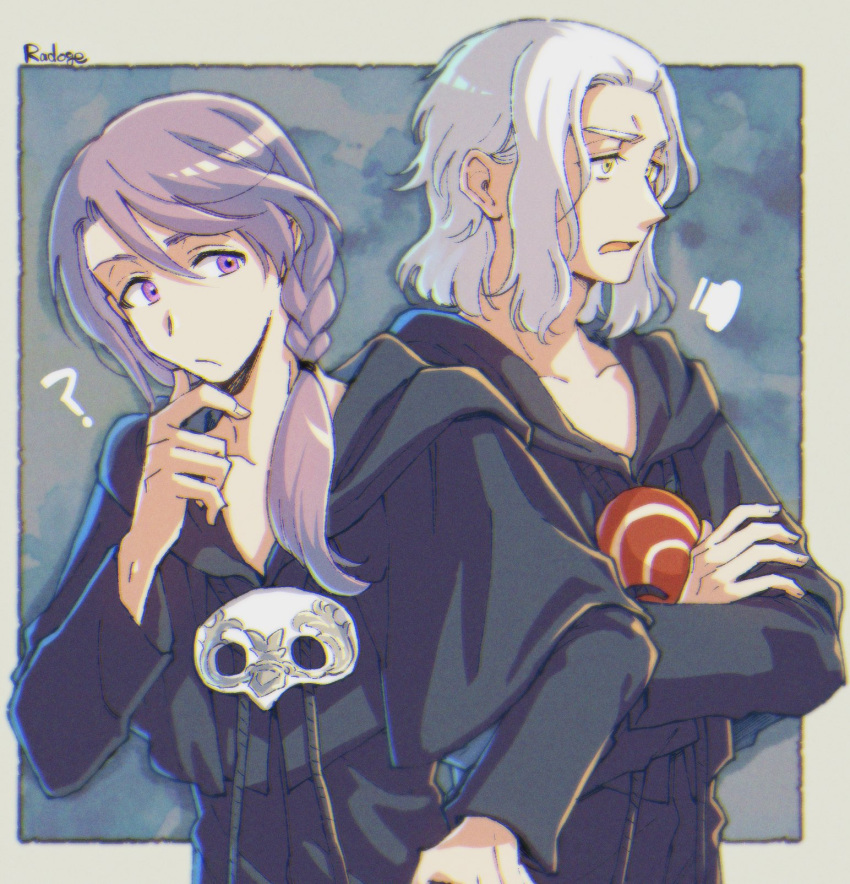 2boys, ?, black_capelet, black_robe, blue_background, border, braid, capelet