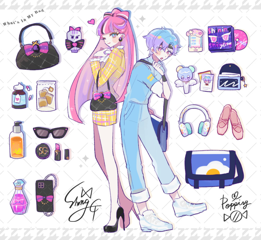 1boy, 1girl, alternate_costume, bag, ballet_slippers, blue_eyes, blue_hair, bow