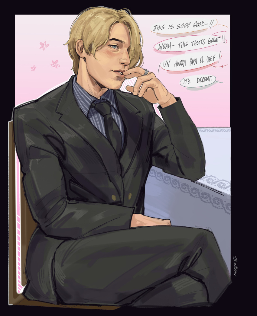 1boy, absurdres, black_pants, black_suit, blonde_hair, blue_eyes, blue_shirt, crossed_legs