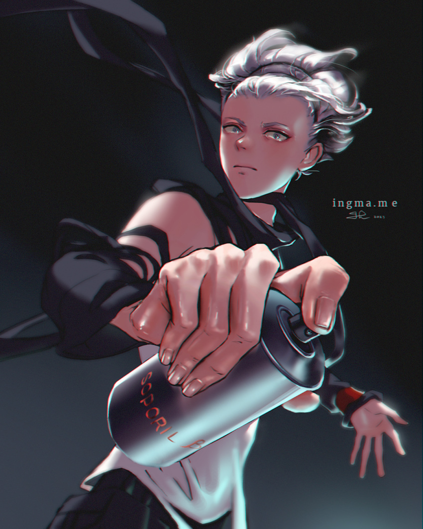 1boy, artist_name, black_hairband, black_scarf, dated, detached_sleeves, foreshortening, gradient_background, grey_eyes, grey_hair, hairband, highres, ingma, kyokugen_dasshutsu, kyokugen_dasshutsu:_9_jikan_9_nin_9_no_tobira, looking_at_viewer, male_focus, medium_hair, santa_(kyokugen_dasshutsu), scarf, solo, spray_can, standing