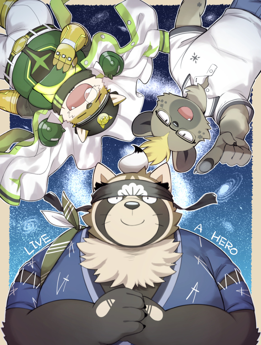 3boys, animal_ears, anniversary, black_headband, cape, claws, closed_eyes, commentary_request, copyright_name, dog_boy, dog_ears, furry, furry_male, furry_with_furry, galaxy, glasses, hand_on_own_chest, hands_on_own_chest, headband, highres, hyena_boy, hyena_ears, japanese_clothes, kimono, kinoshita_jiroh, live_a_hero, looking_up, lying, milestone_celebration, multiple_boys, nose_bubble, on_back, pointing, pointing_up, procy_(live_a_hero), raccoon_boy, raccoon_ears, roiker_(live_a_hero), shirt, shoen_(live_a_hero), sleeping, snoring, spiked_pauldrons, star_(sky), star_(symbol), white_cape, white_shirt, yukata