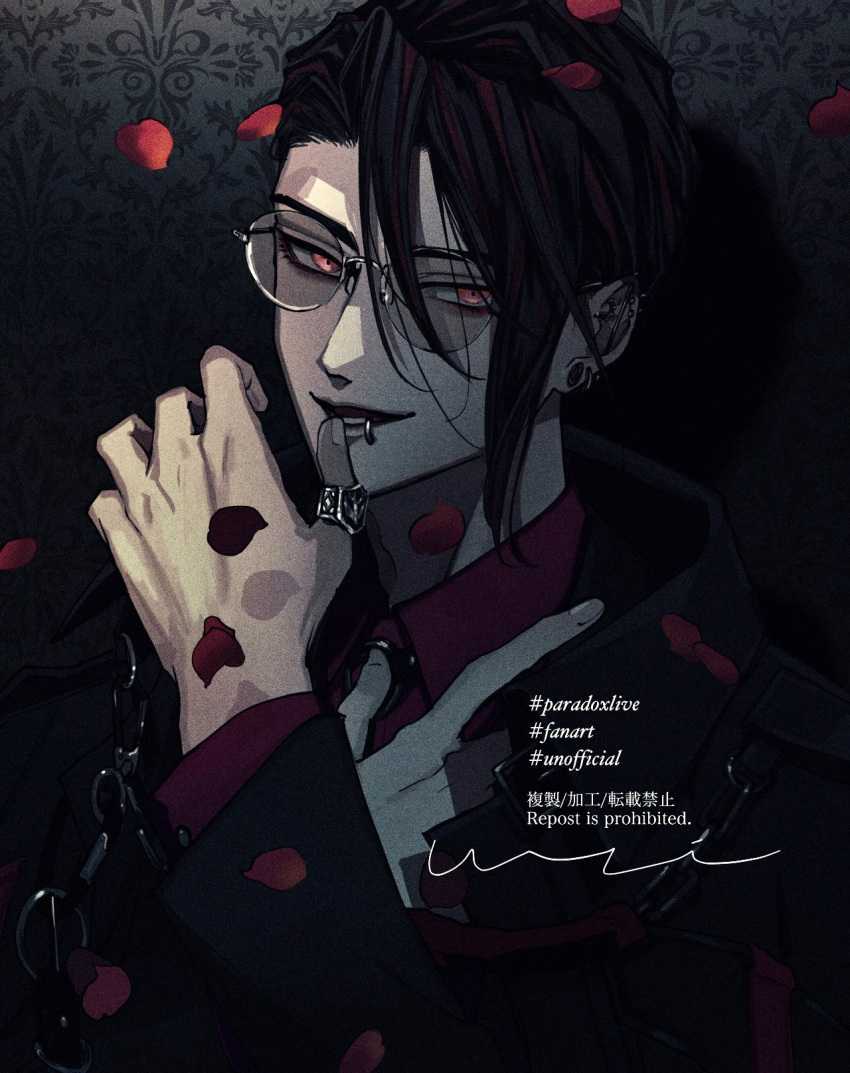 1boy, baek_chungsung, black_background, black_hair, black_jacket, black_necktie, earrings, grey_background, highres, jacket, jewelry, lip_piercing, male_focus, multicolored_background, multicolored_hair, multiple_earrings, necktie, paradox_live, parted_lips, petals, piercing, ponytail, red_eyes, red_petals, red_shirt, redhead, ring, rose_petals, shirt, silver_ring, smile, solo, teeth, tume_uri