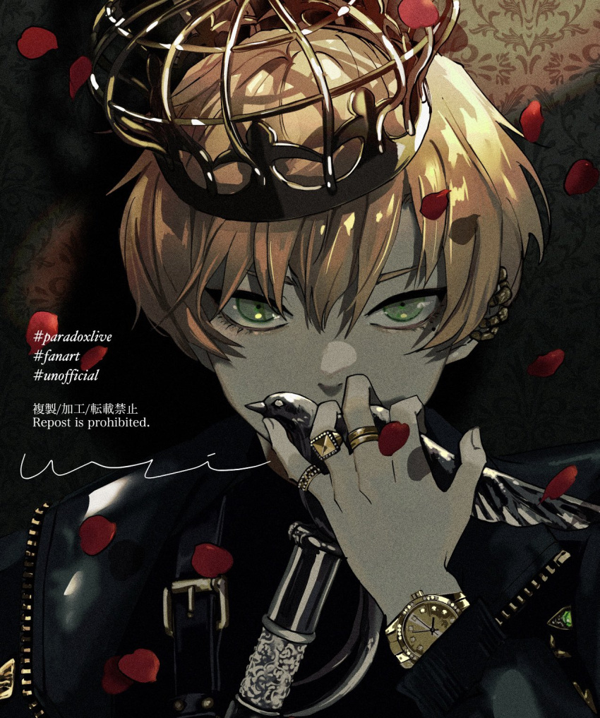 1boy, bird, black_background, black_jacket, blonde_hair, cane, covered_mouth, crow