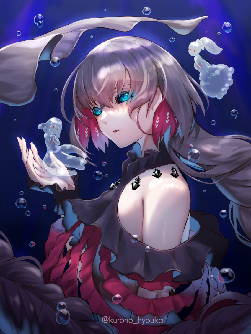 3girls, bare_shoulders, black_sclera, blue_eyes, braid, brown_hair, bubble, colored_inner_hair, colored_sclera, commentary_request, fins, fish_tail, frilled_shark, frilled_wrist_cuffs, frills, highres, jellyfish_girl, kurono_hyouka, long_hair, looking_at_viewer, mini_person, minigirl, multicolored_hair, multiple_girls, original, personification, redhead, shark_tail, tail, underwater, very_long_hair, wrist_cuffs