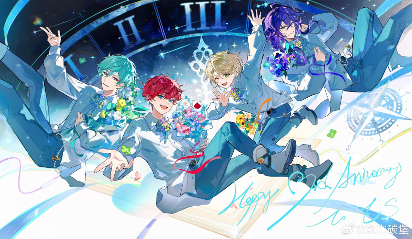 4boys, absurdres, ahoge, alkaloid_(ensemble_stars!), amagi_hiiro, aqua_eyes, aqua_hair, ayase_mayoi