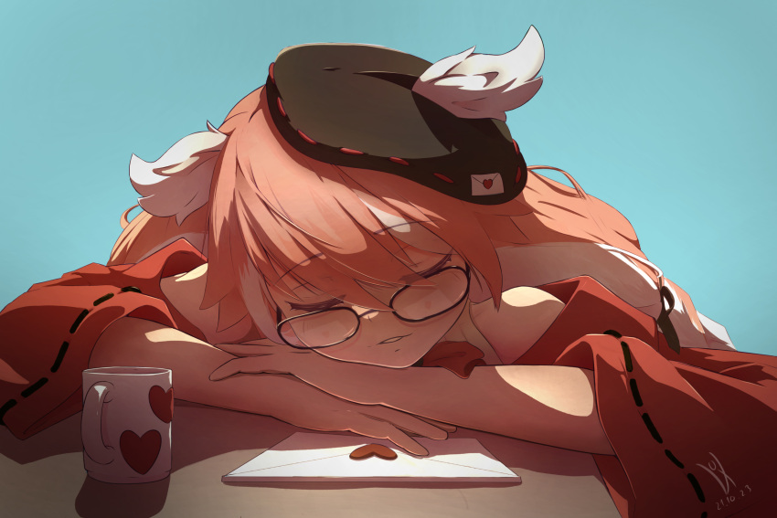 beret, cup, feathered_wings, glasses, hat, highres, indie_virtual_youtuber, long_hair