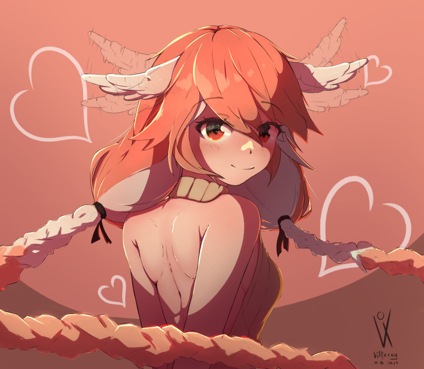 1girl, backless_outfit, bare_back, english_commentary, feathered_wings, heart, heart-shaped_pupils, highres