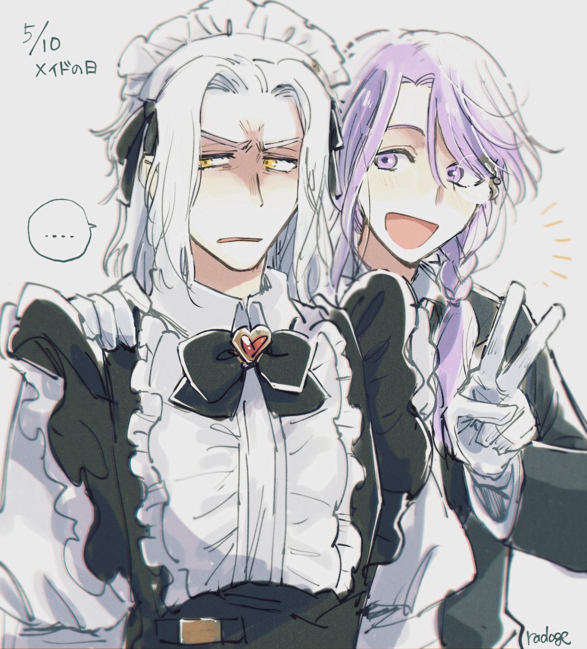 ..., 2boys, :d, alternate_costume, annoyed, artist_name, black_bow, black_bowtie