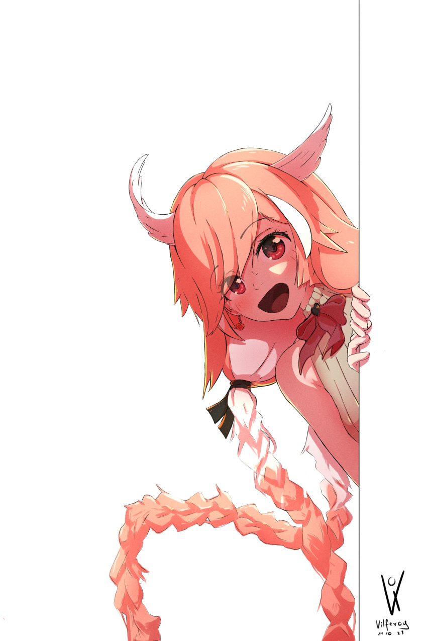 1girl, absurdres, choker, earrings, feathered_wings, heart, heart-shaped_pupils, heart_earrings