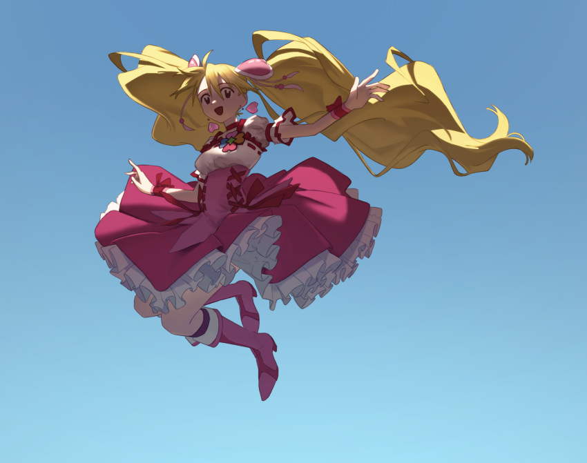 1girl, :d, blonde_hair, blue_background, boots, cure_peach, dress, earrings