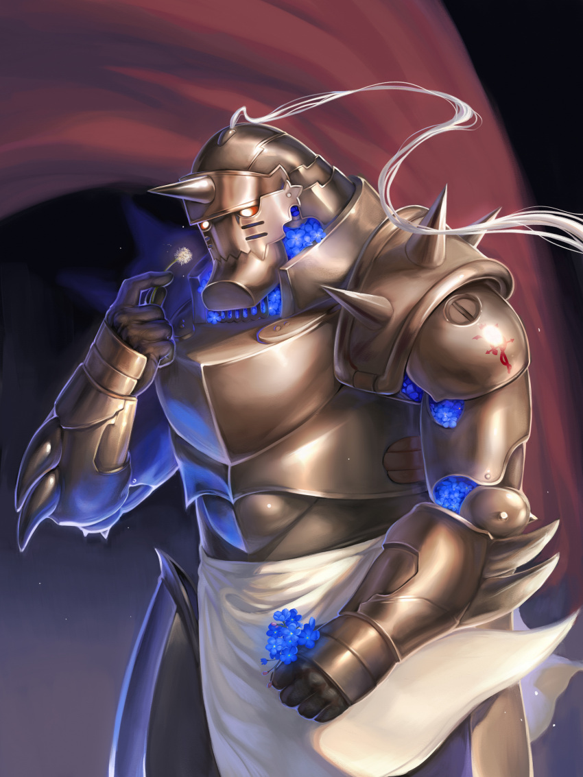 1boy, absurdres, alphonse_elric, armor, blue_flower, bouquet, bud, commentary, crab-milk, dandelion_seed, dark_background, elbow_spikes, english_commentary, flamel_symbol, flower, forget-me-not_(flower), full_armor, fullmetal_alchemist, gauntlets, glowing, glowing_flower, gradient_background, hand_up, helmet, highres, holding, holding_bouquet, light_particles, loincloth, looking_at_flowers, looking_down, male_focus, red_background, red_eyes, shoulder_spikes, sidelighting, simple_background, spiked_helmet, spikes, tassel, two-tone_background, white_loincloth, white_tassel