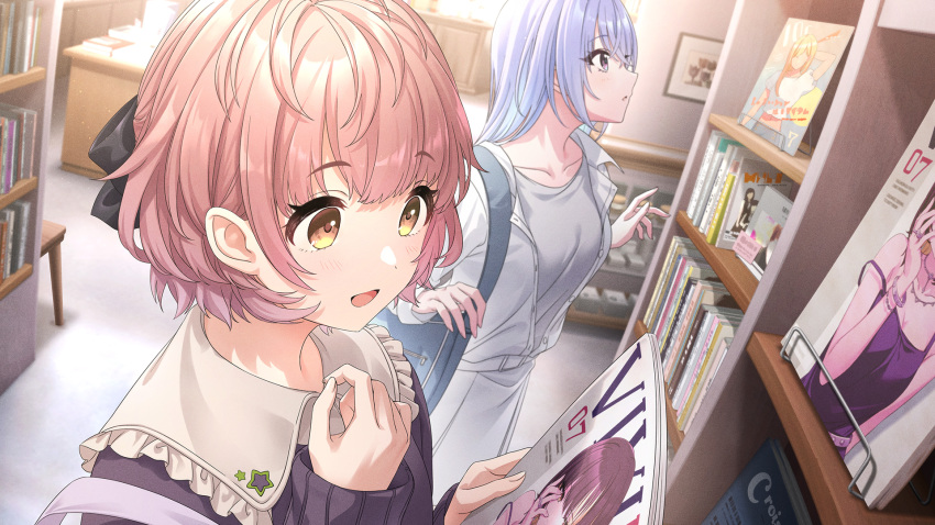 2girls, bag, belt, black_hair, blue_hair, book, bow, brown_eyes