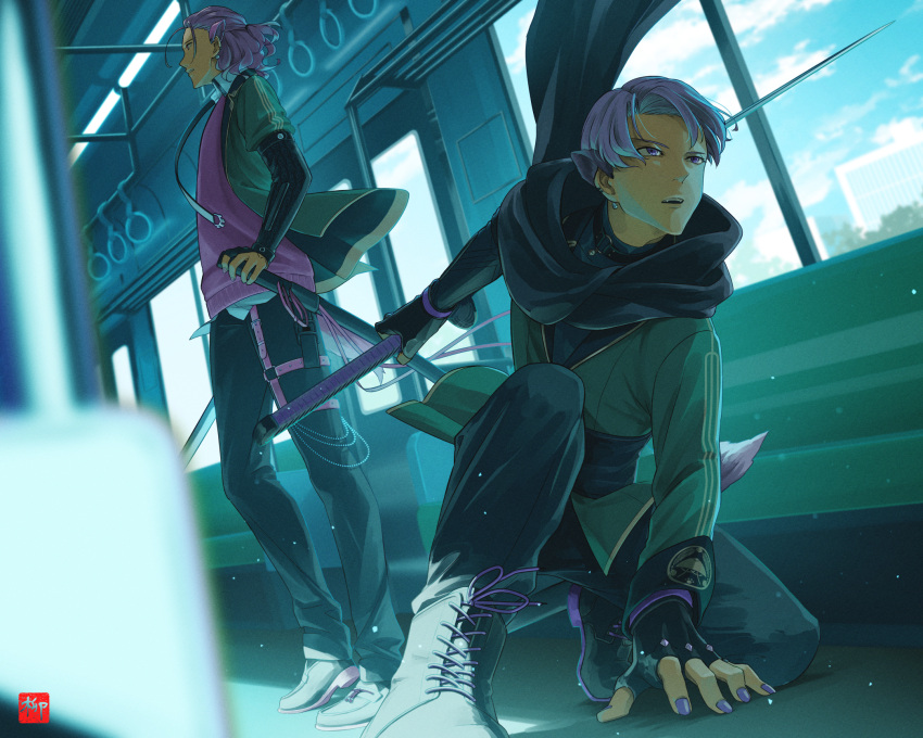 2boys, animal_ears, ankle_boots, arm_guards, arm_support, bench, black_footwear, black_gloves