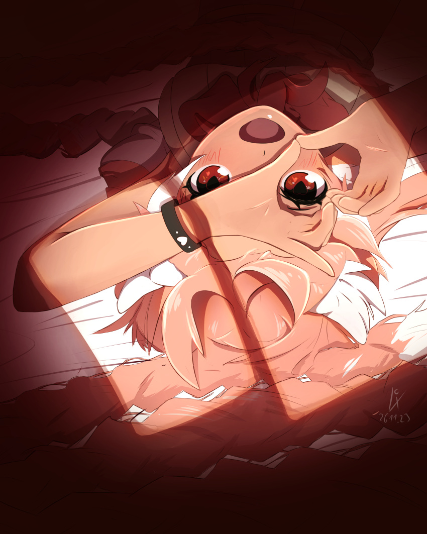 1girl, absurdres, blush, feathered_wings, heart, heart-shaped_pupils, heart_hands, highres