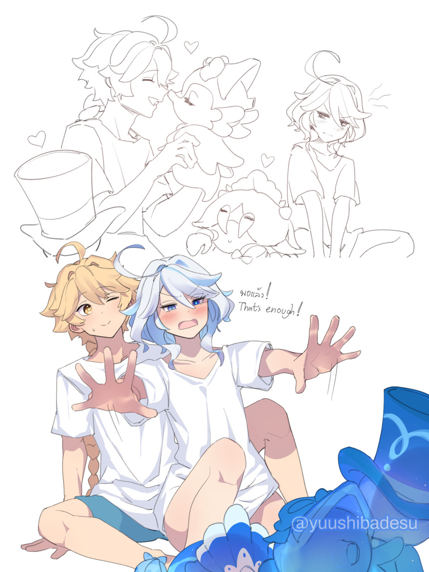 1boy, 1girl, aether_(genshin_impact), ahoge, alternate_costume, aqua_eyes, blue_eyes, blue_hair