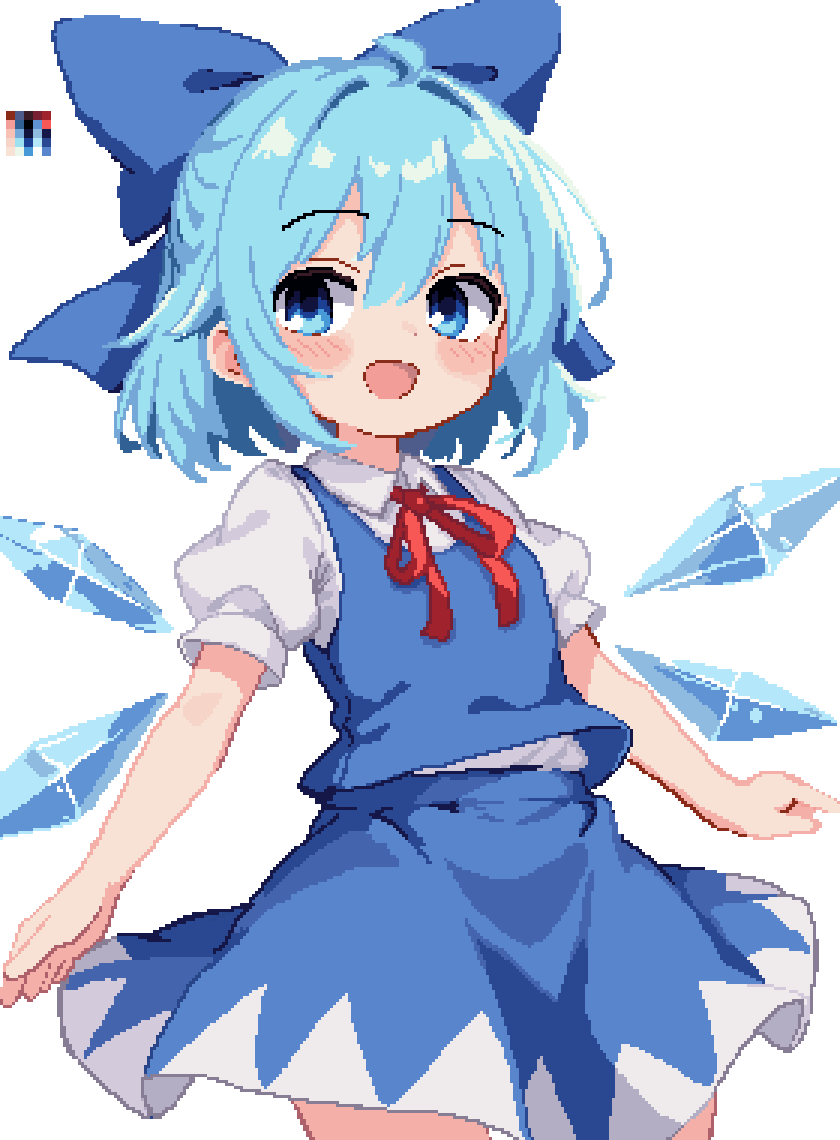 1girl, 999_(hansode), blue_bow, blue_eyes, blue_hair, blush, bow, cirno