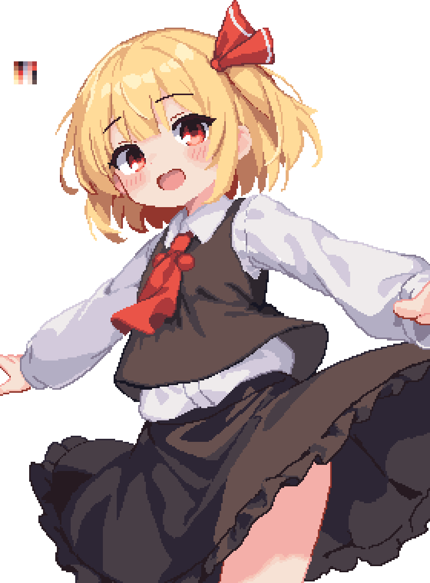 1girl, 999_(hansode), blonde_hair, blush, hair_ribbon, looking_at_viewer, open_mouth, pixel_art, red_eyes, red_ribbon, ribbon, rumia, short_hair, simple_background, smile, solo, touhou, white_background