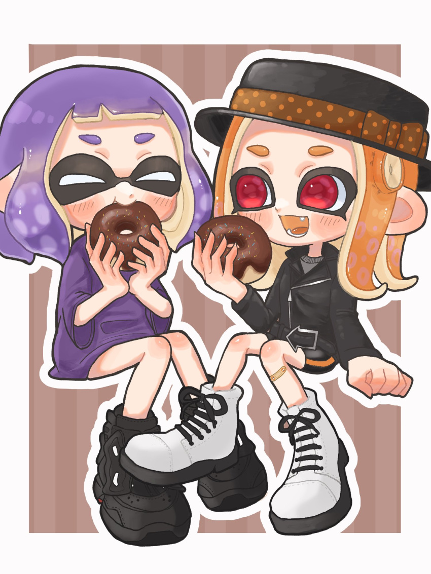 2girls, bandaid, bandaid_on_leg, black_bow, black_footwear, black_headwear, black_jacket, blush