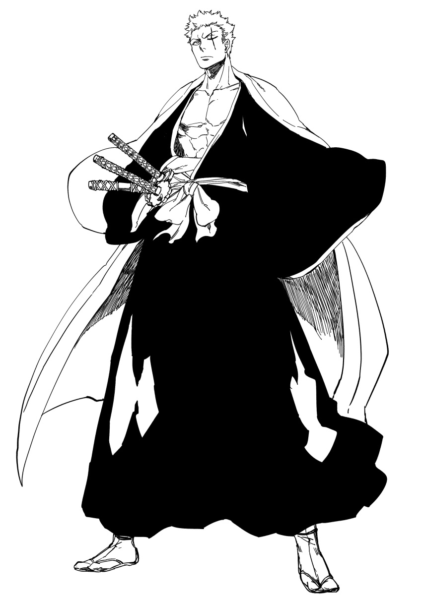 1boy, abs, absurdres, black_hakama, bleach, chikidney, closed_mouth, collarbone, cosplay, crossover, full_body, hakama, haori, highres, jacket, jacket_on_shoulders, japanese_clothes, katana, male_focus, monochrome, obi, one_piece, pectorals, roronoa_zoro, sandals, sash, scar, scar_across_eye, sheath, sheathed, shihakusho, short_hair, solo, sword, tabi, taichou_haori, weapon, white_background, wide_sleeves