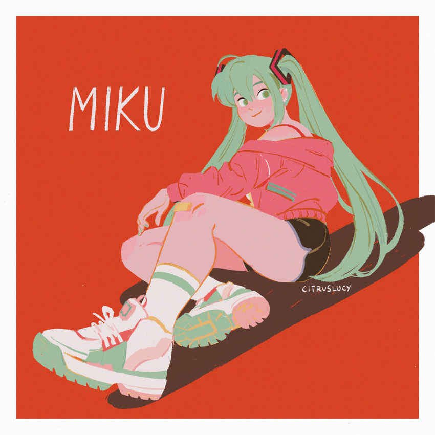 1girl, ankle_socks, aqua_eyes, aqua_hair, aqua_nails, bandaid, bandaid_on_knee, bandaid_on_leg
