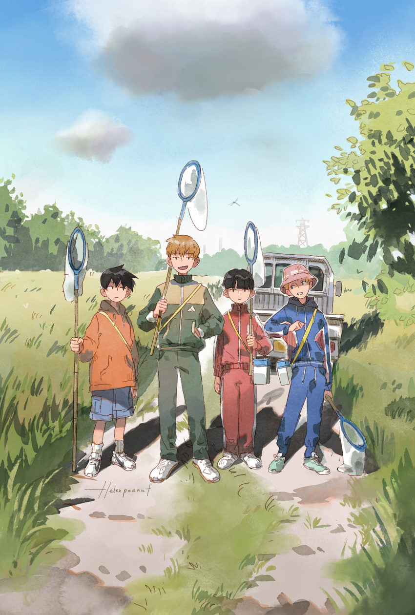 4boys, :d, absurdres, ankle_socks, blonde_hair, blue_hoodie, blue_pants, blue_sky
