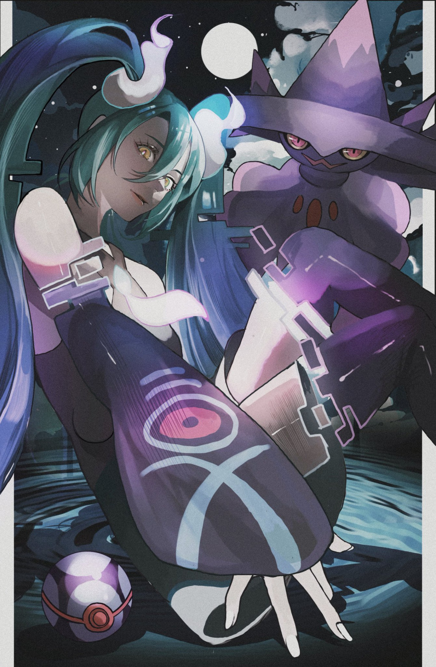 aqua_hair, detached_sleeves, dusk_ball, ghost, ghost_miku_(project_voltage), glitch, grey_shirt, hatsune_miku