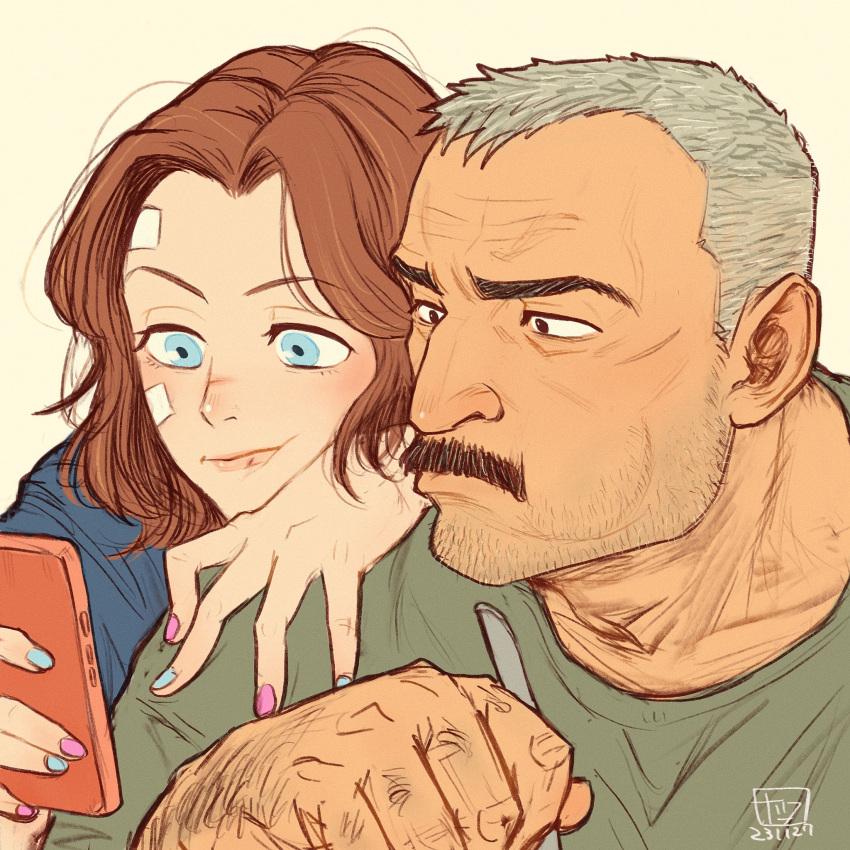 1boy, 1girl, aaron_gruber_(o_natsuo88), arm_hair, bandaid, bandaid_on_cheek, bandaid_on_face, bandaid_on_head, beard_stubble, blue_eyes, cellphone, chewing, eating, facial_hair, grey_hair, highres, holding, holding_phone, lip_cut, looking_at_phone, madison_(o_natsuo88), mature_male, medium_hair, multicolored_nails, mustache, o_natsuo88, old, old_man, on_shoulder, original, phone, receding_hairline, redhead, scar, scar_on_cheek, scar_on_face, shirt, short_hair, smartphone, thick_eyebrows, thick_mustache, upper_body, wavy_hair, wrinkled_skin, yellow_background