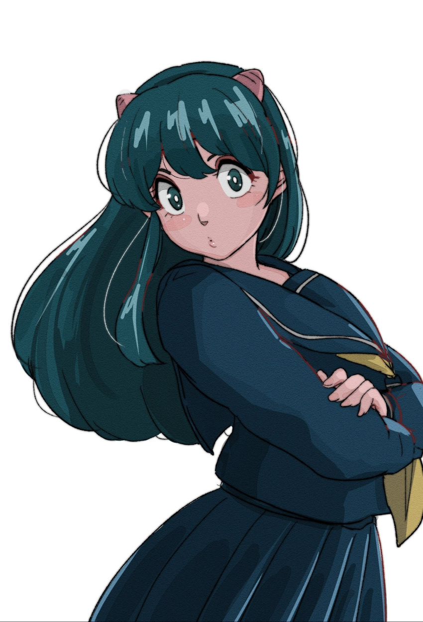 1girl, aqua_eyes, aqua_hair, blue_sailor_collar, blue_serafuku, blue_skirt, blush_stickers, crossed_arms