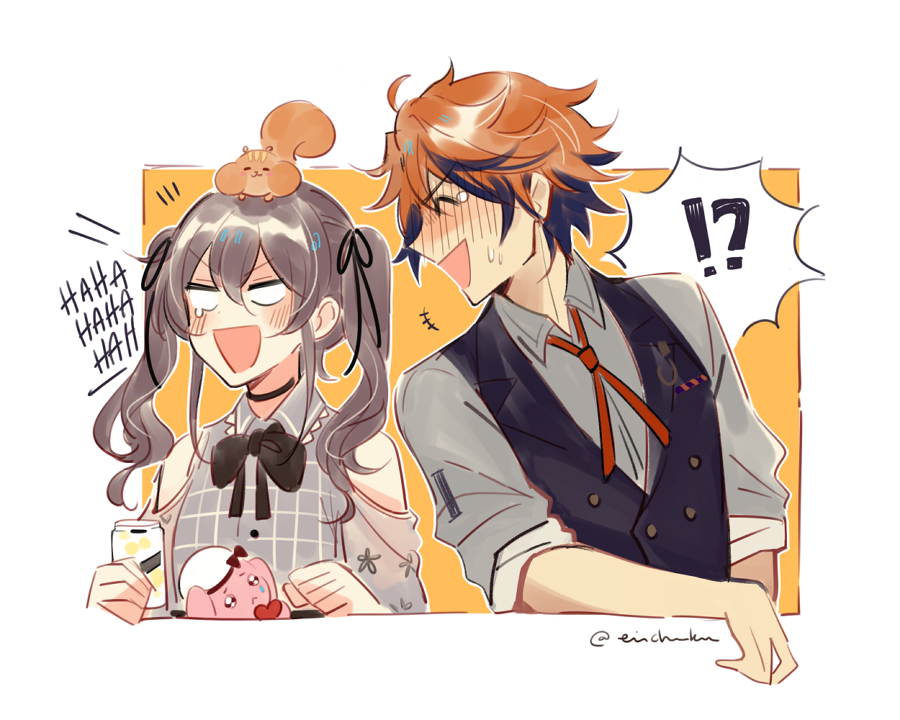 !?, 1boy, 1girl, ahoge, animal_on_head, bartender, beer_can, black_choker