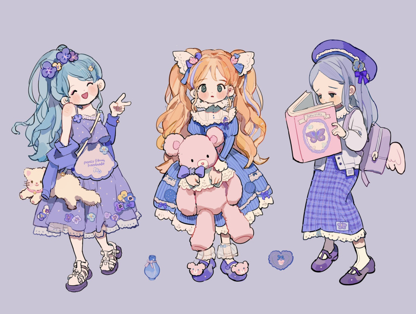 3girls, ^_^, angel_wings, animal_bag, animal_print, ankle_cuffs, aqua_eyes, backpack