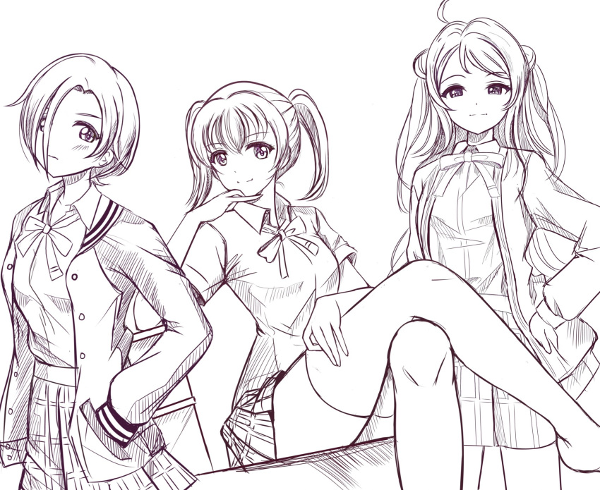 3girls, character_request, crossed_legs, hair_over_eyes, hands_in_pockets, highres, idolmaster, long_sleeves