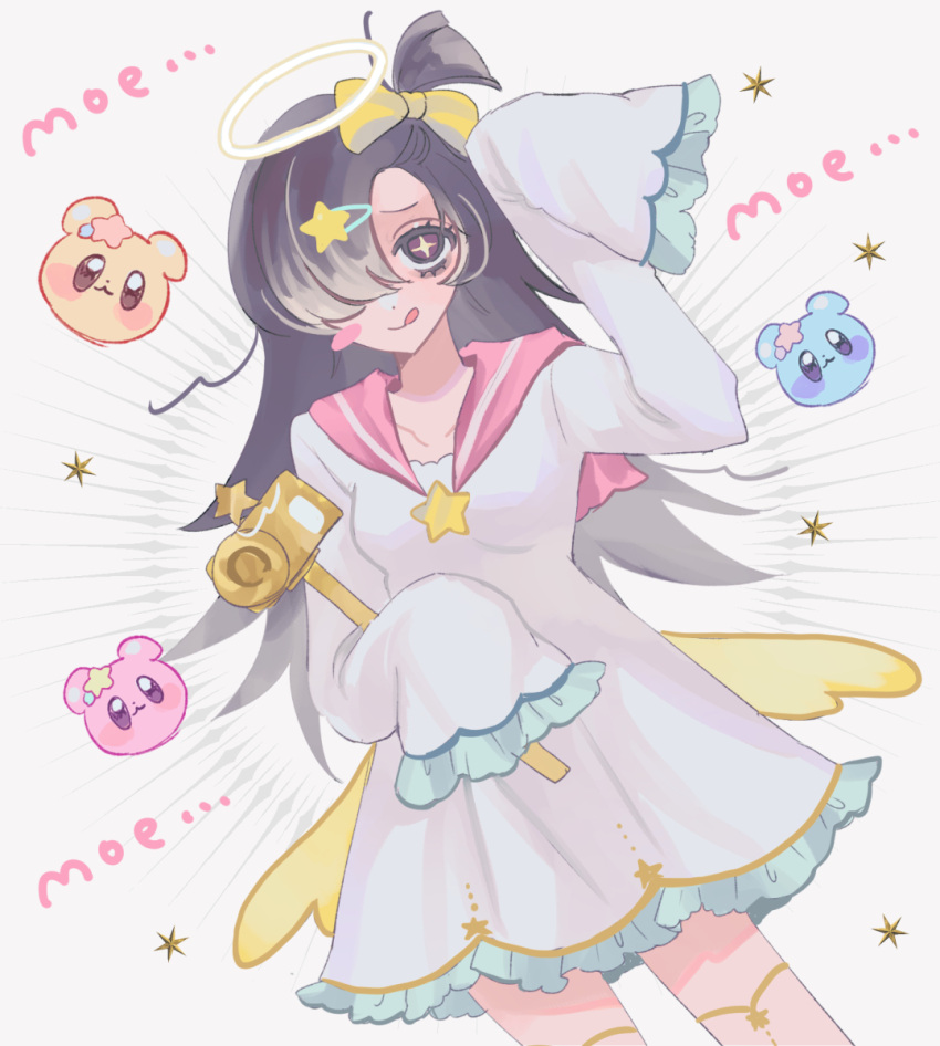 1girl, alternate_costume, black_garlic_cookie, black_hair, bow, camera, cookie_run, dress