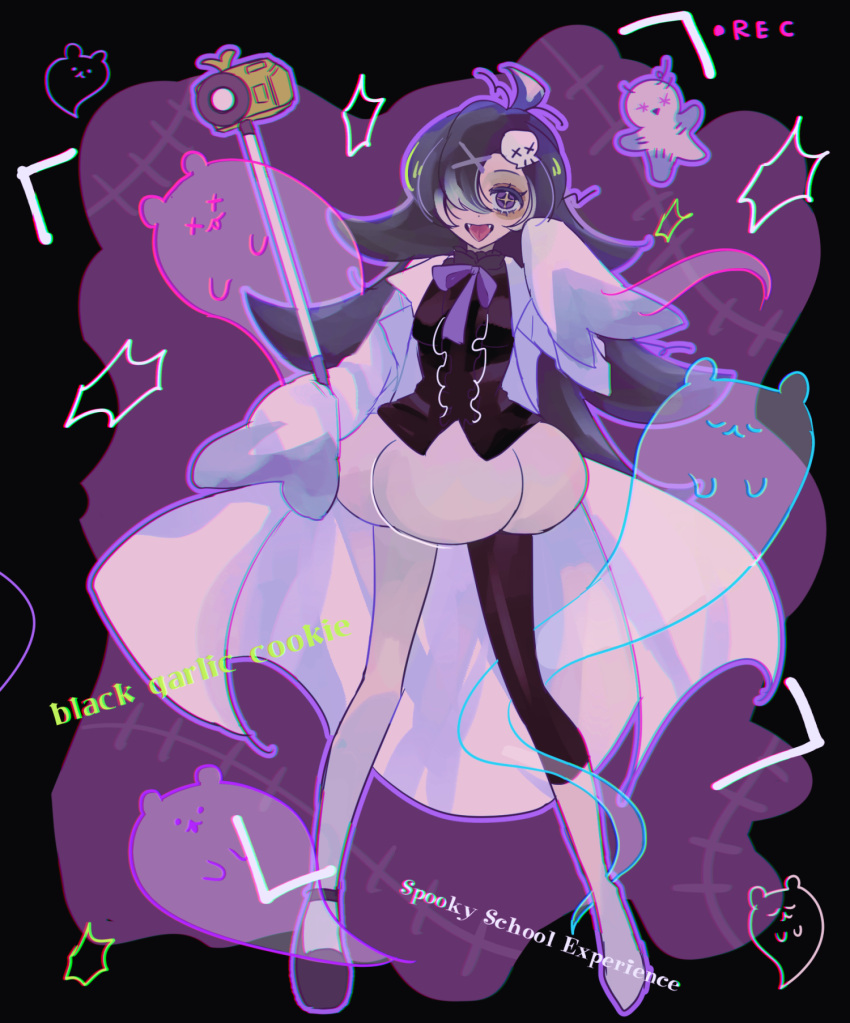 1girl, asymmetrical_legwear, black_garlic_cookie, black_hair, camera, cookie_run, english_text, full_body