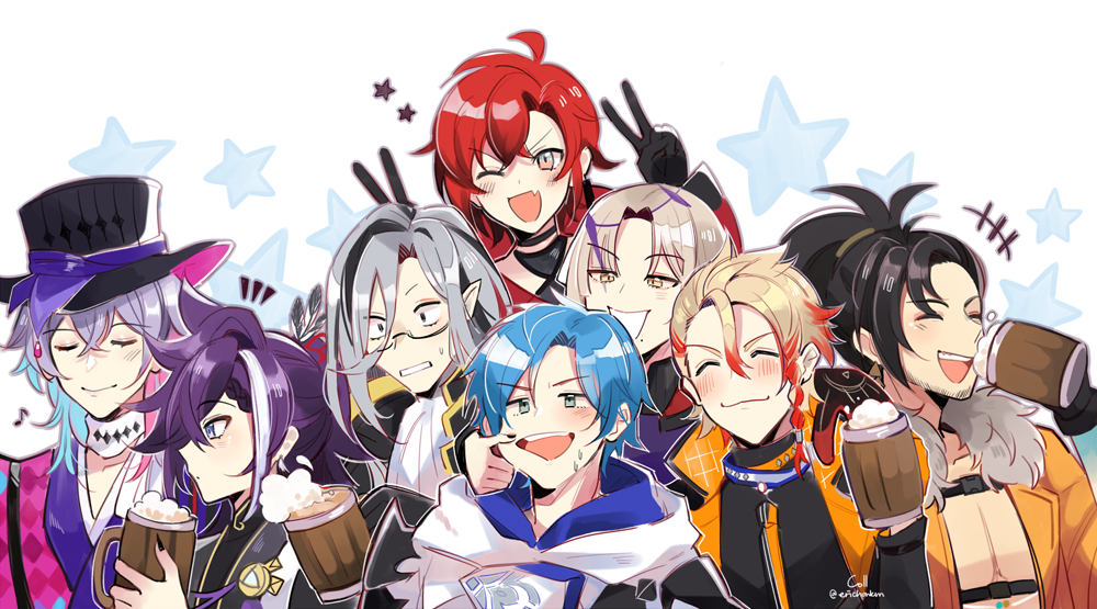 6+boys, axel_syrios, banzoin_hakka, beer_mug, black_gloves, black_hair, blonde_hair, blue_eyes