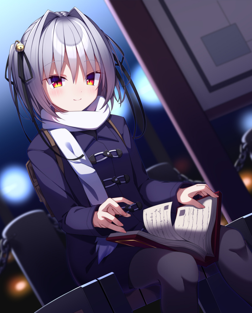 1girl, 2022, alternate_costume, bell, black_coat, black_pantyhose, black_ribbon, blurry