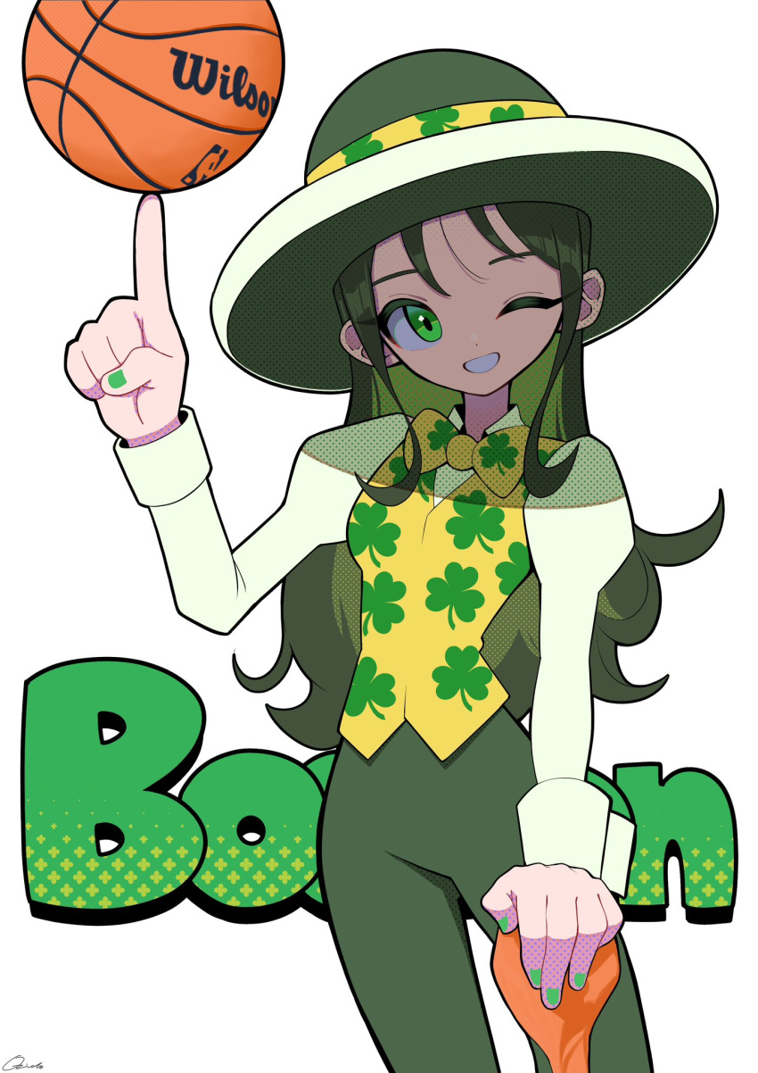 1girl, animification, balancing_ball, balancing_on_finger, ball, basketball_(object), boston_celtics, bow