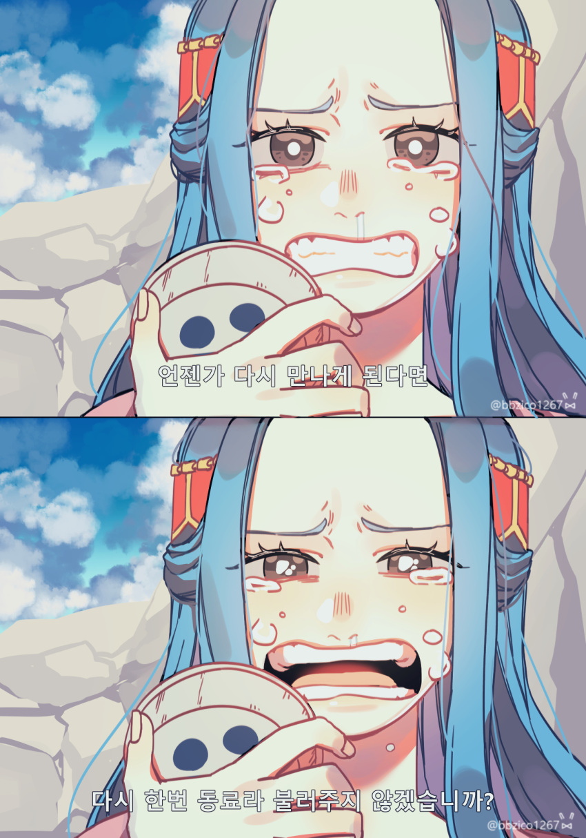 1girl, artist_name, bbzico1267, blue_hair, clenched_teeth, commentary_request, crying, crying_with_eyes_open