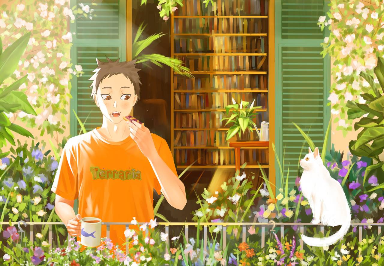 1boy, blue_flower, bookshelf, brown_eyes, brown_hair, cat, coffee, commentary