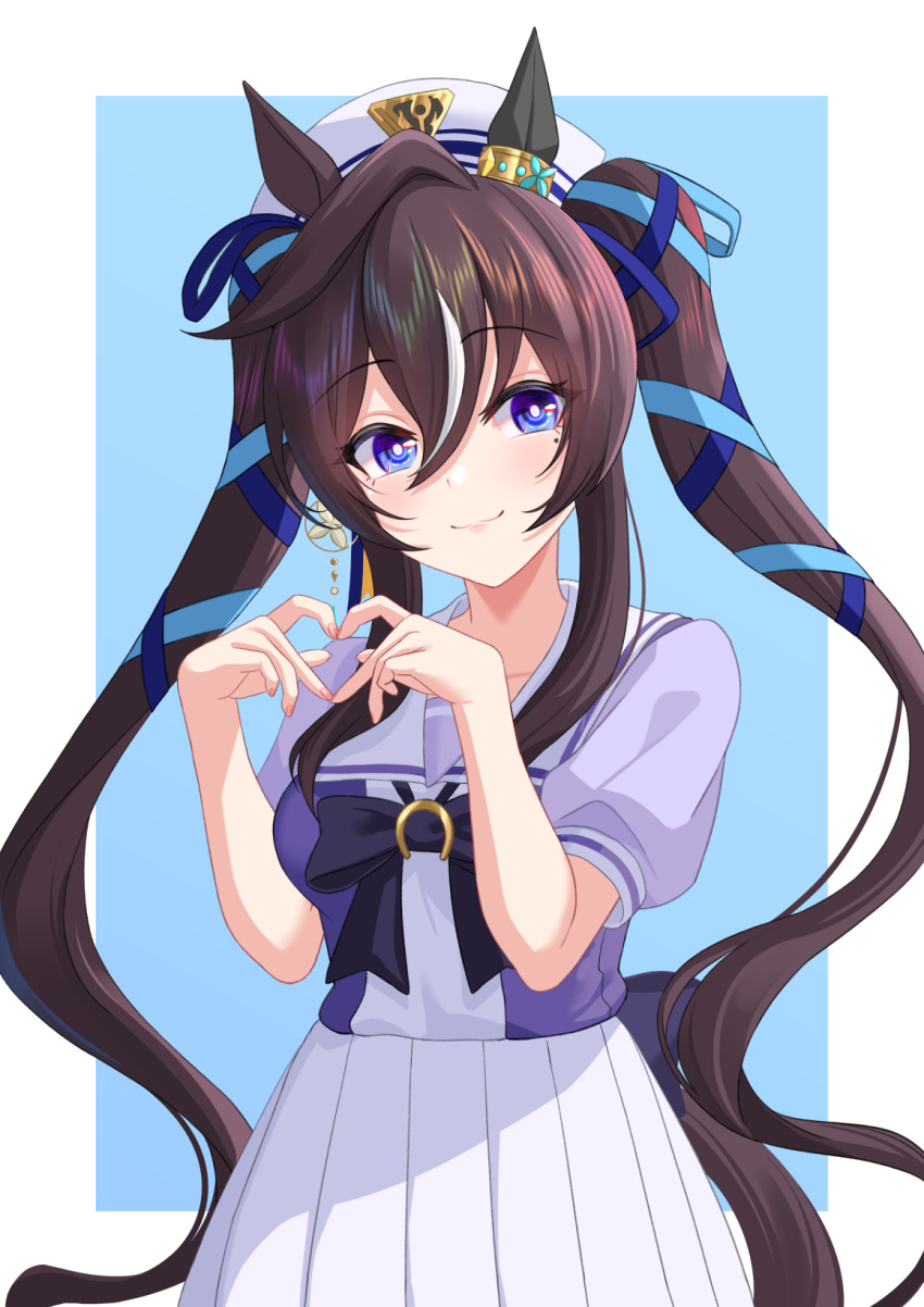1girl, :3, animal_ears, blue_background, blue_eyes, breasts, brown_hair, collarbone