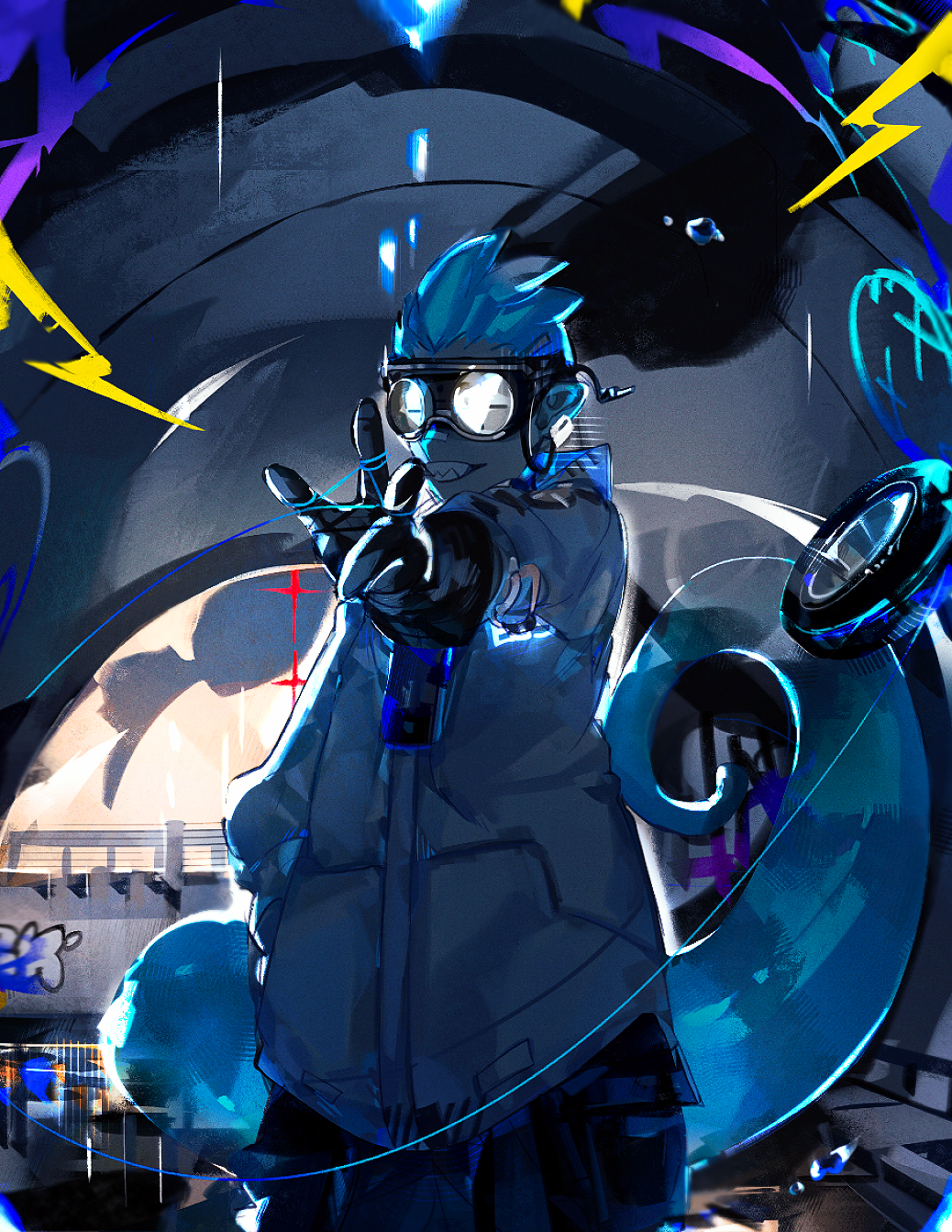 1boy, arknights, backlighting, black_gloves, black_pantyhose, blue_hair, chameleon_tail, commentary