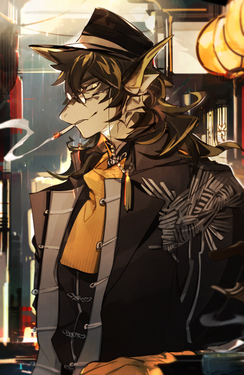 1boy, arknights, black_hair, black_headwear, black_jacket, blonde_hair, building, cigarette, fins, furry, furry_male, glasses, gloves, grey_sky, hat, head_fins, highres, jacket, lantern, lee_(arknights), looking_at_viewer, male_focus, marusan159, multicolored_hair, muzzle, outdoors, scarf, short_hair, sky, slit_pupils, smoke, smoking, solo, streaked_hair, upper_body, yellow_eyes, yellow_gloves, yellow_scarf