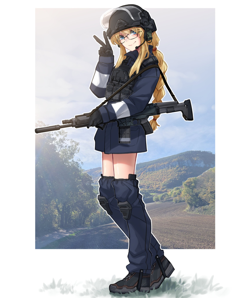 1girl, absurdres, assault_rifle, black_footwear, black_gloves, blonde_hair, clouds, cloudy_sky
