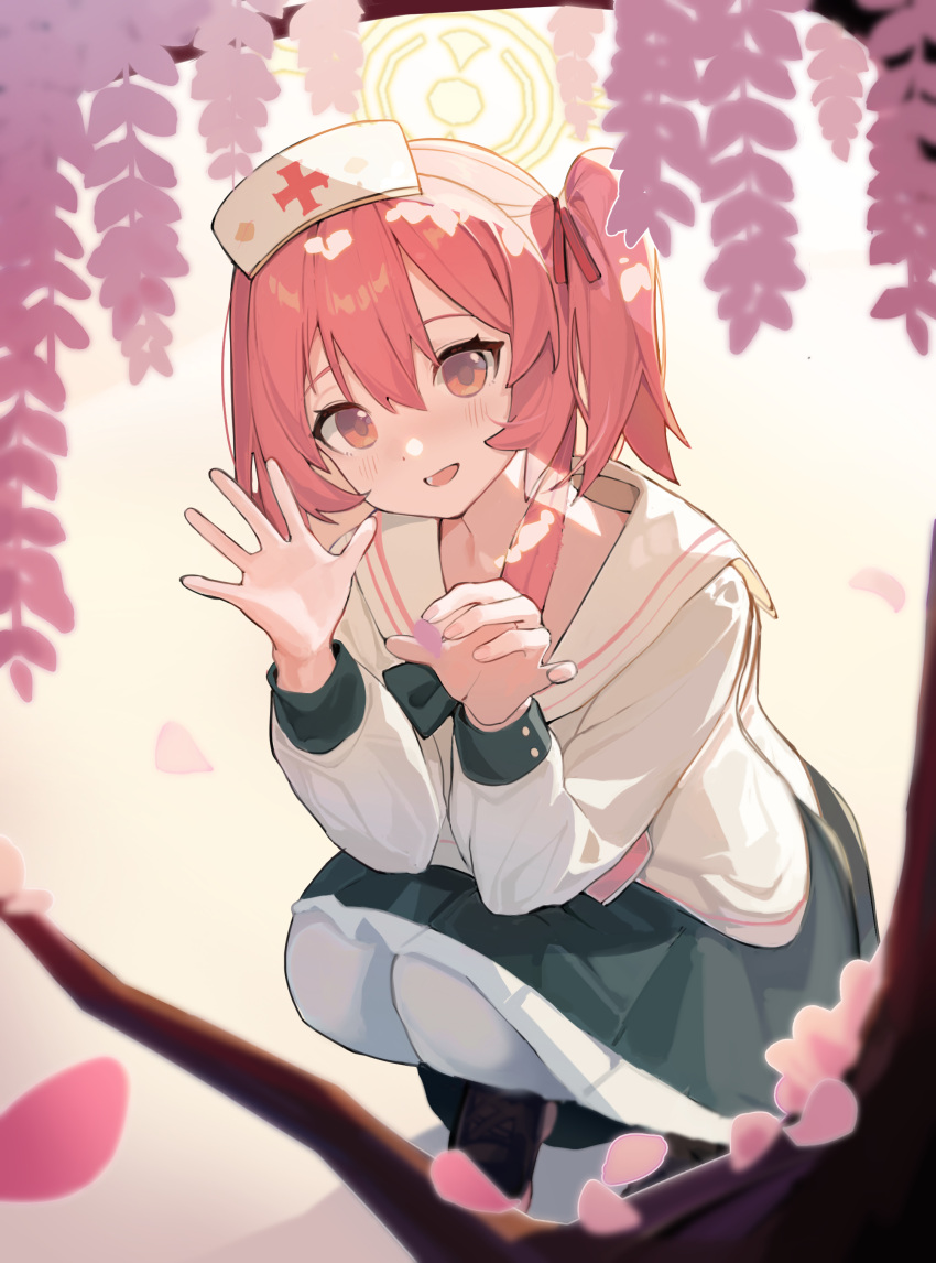 1girl, absurdres, black_skirt, blue_archive, blush, branch, cherry_blossoms, double-parted_bangs