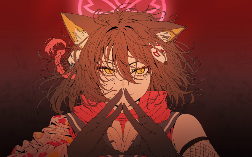 1girl, absurdres, animal_ear_fluff, animal_ears, black_gloves, black_sailor_collar, blue_archive, brown_hair
