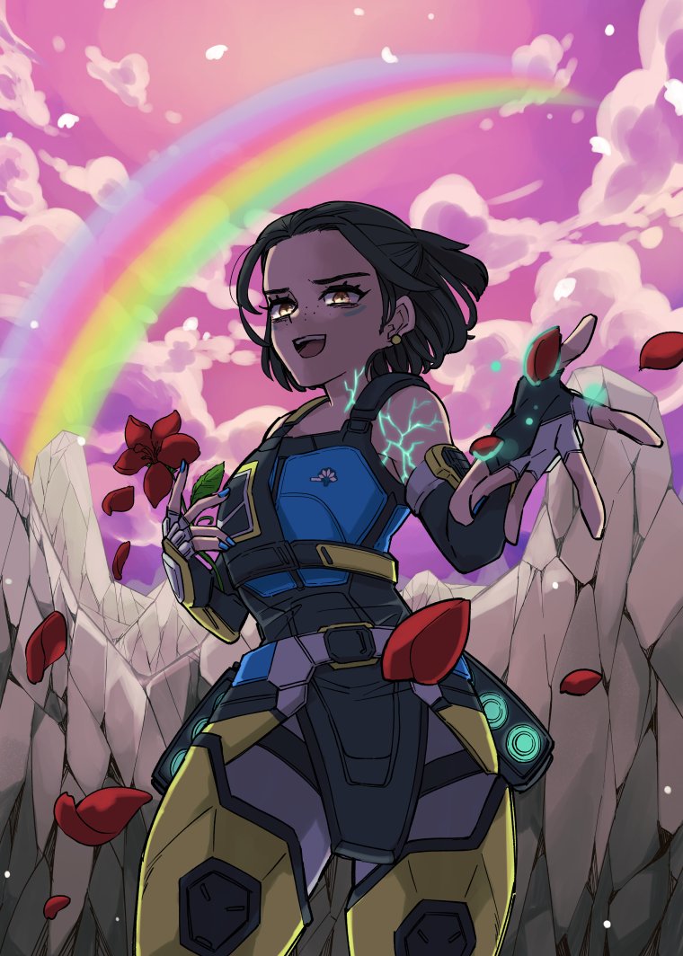 1girl, animification, apex_legends, black_gloves, blue_nails, blue_tank_top, brown_eyes, clouds