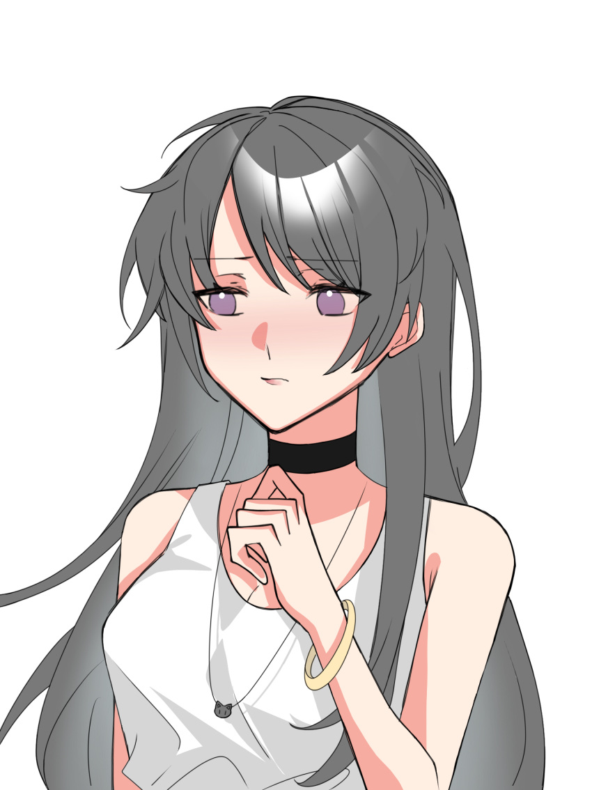 1girl, bare_shoulders, black_hair, blush, bracelet, closed_mouth, collar, curled_fingers